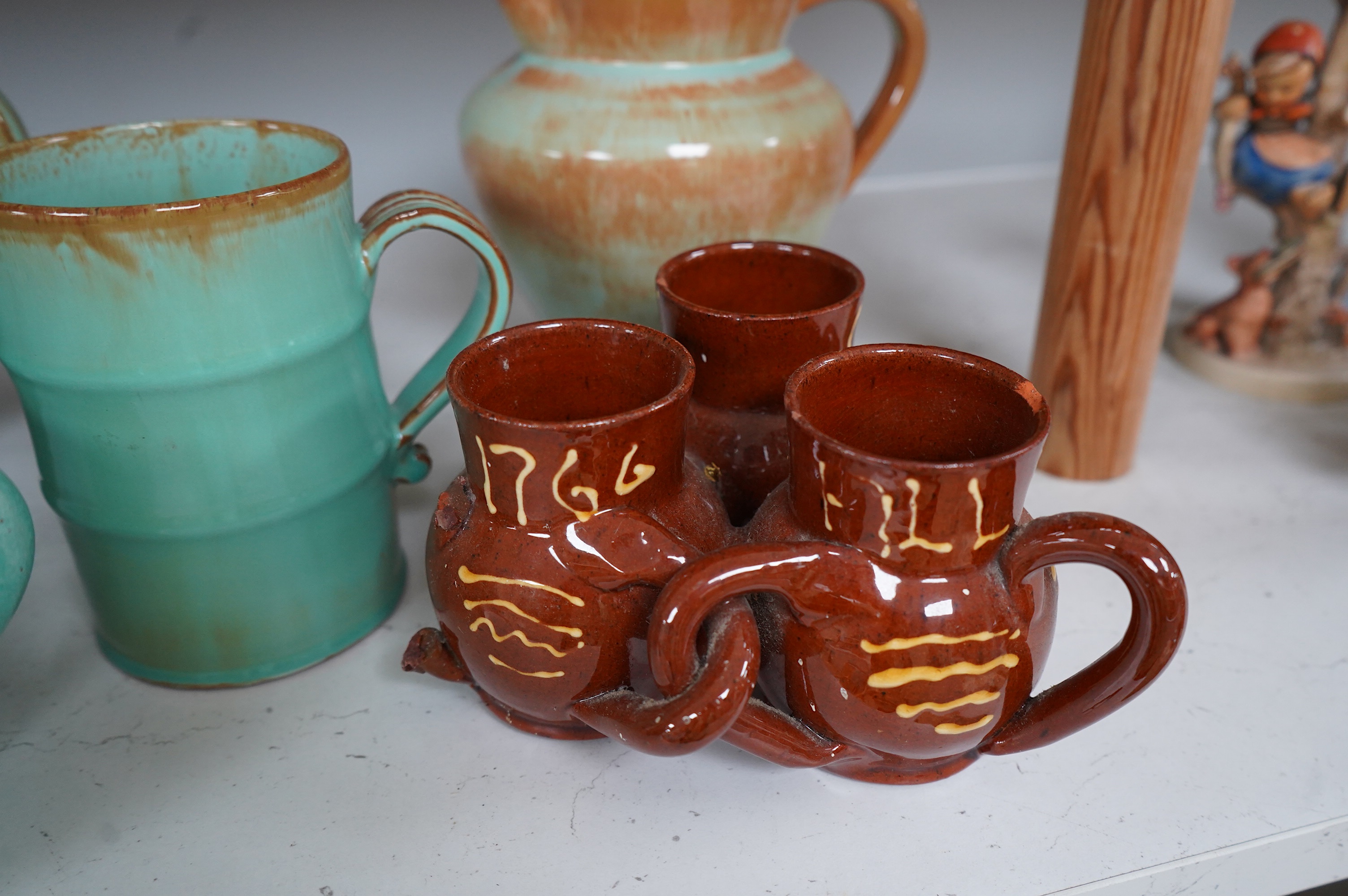 Ten items of Dickerware pottery, including a Uriah Clark and Nephew trio of connected jugs, tallest 21cm